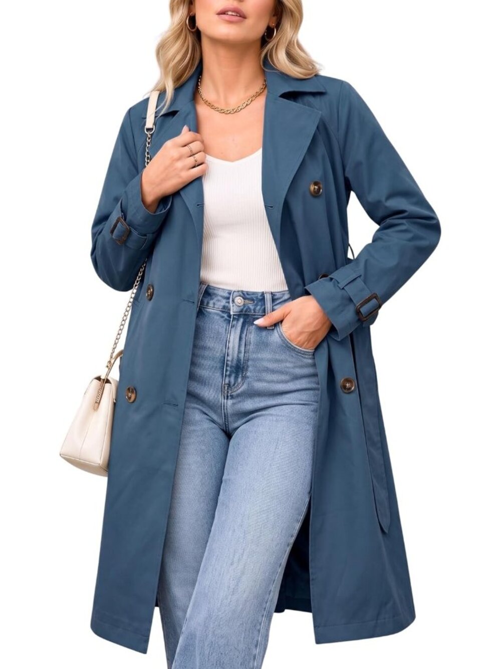 Steve Madden Women's Denim Blue Long Oversized Notch Collar Lapel Trench Coats